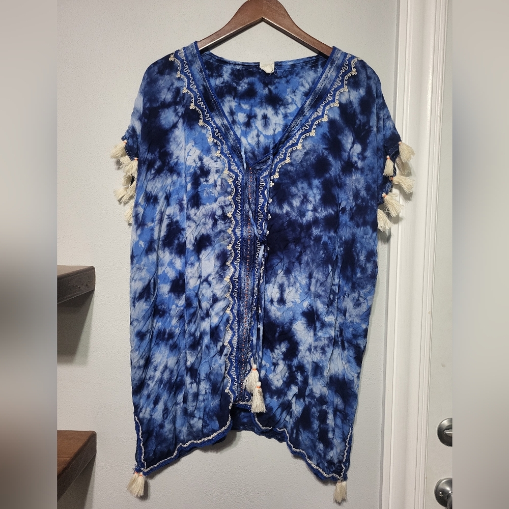 SURF GYPSY Women’s Blue Tie Dye Beaded Embroidered Swim Resort Beach Cover Sz M